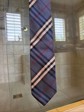 Burberry Light Blue Plaid Silk Tie with traditional plaid print
